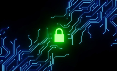 Cyber security concept. IT security.Protect mechanism, system privacy.Closed Padlock with micro scheme.Safety concept. - 3d render