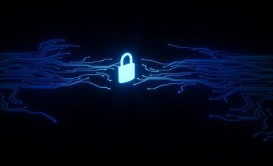 Cyber security concept. IT security.Protect mechanism, system privacy.Closed Padlock with micro scheme.Safety concept. - 3d render