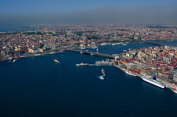 Fototapeta na wymiar Aerial Urban View Photo of Istanbul Skyline and Cityscape with Goldenhorn, Karakoy, Eminonu distrcits and Galata Bridge, Turkey 