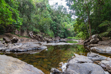Fototapeta na wymiar River n the jungle near Khlong Phlu Waterfall on Koh Chang island, Thailand