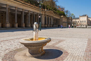 Selected focus view, Prince Wenceslas Spring, tourist mineral spring spot, located on promenade...