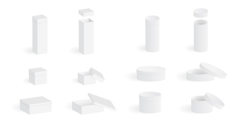 Set of empty square/rectangular and round boxes isolated on white background. Isometric cardboard gift boxes collection