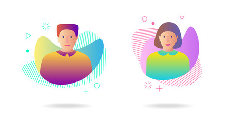 Man woman avatar set on dynamic modern liquid element graphic gradient flat style design fluid vector colorful illustration simple abstract shapes. Male female vector isolated