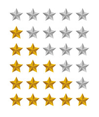 Star rating symbols with 5 star. Terrible, bad, alright, good, perfect rank set. Quality feedback experience level concept. Isolated vector badge for website, app or games