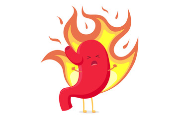 Cute cartoon stomach character unhealthy sick heartburn emoji emotion. Vector organ digestive system gastritis and acid reflux. Funny illustration