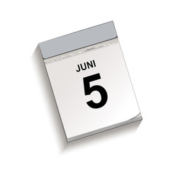 Calendar, tear-off calendar with date 5 June, Tear-off calendar, Vector illustration isolated on white background