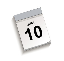 Calendar, tear-off calendar with date 10 June, Tear-off calendar, Vector illustration isolated on white background