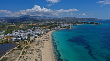 Fototapeta na wymiar defaultAerial drone photo of breathtaking turquoise sandy beach of Agios Prokopis, Naxos island, Cyclades, Greece