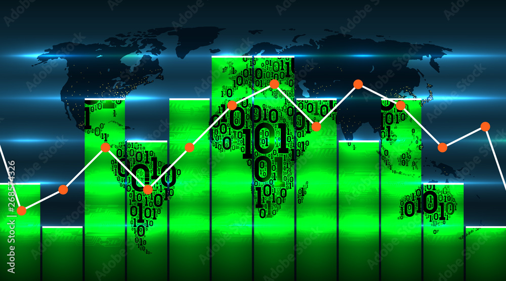 Poster world map diagram chart and graph, on the background of future digital global technologies. map of t