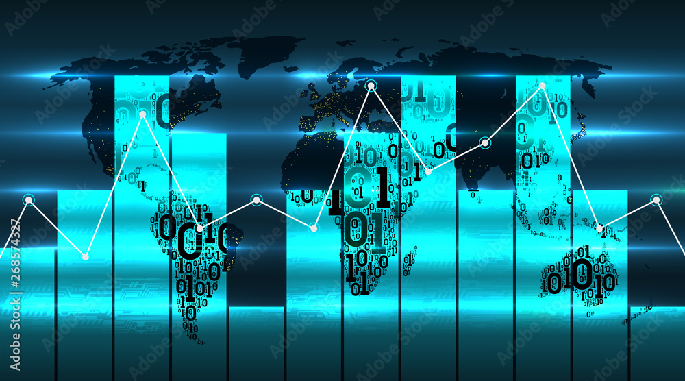 Poster world map with diagram chart and graph, on the background of future digital global technologies. map