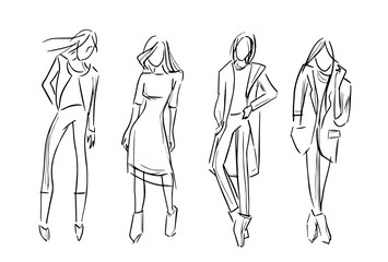 fashion girl set vector sketch illustration isolated collection