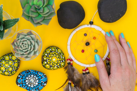An Indian dreamcatcher with feathers lies in a woman's hand among cacti and succulents on a color bright yellow background.
