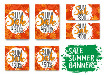 Set of hand drawn design sale website banners  with tropical leaves with different size. Vector illustrations for social media banners, posters, email and ads, promotional material.