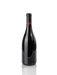 New red wine bottle isolated on pure white background with reflection