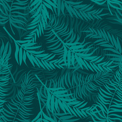 Naklejka na ściany i meble Seamless pattern made with green silhouettes of tropical leaves on dark green backgrounds Tropic folage texture.Vector flat illustration