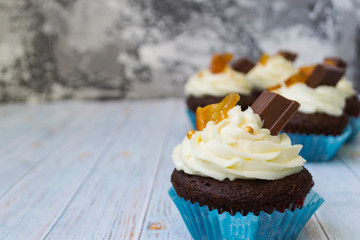 Chocolate cupcakes with vanilla butter frosting and golden crumbs, chocolate, and lemon. There is a memo for the text.