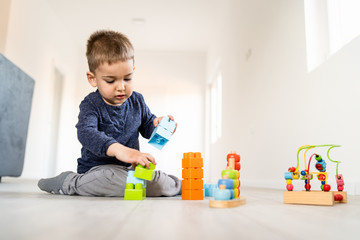 Small boy playing with little brick block toys at home on the floor