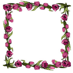 Frame with colored pink tulips. Spring mood. Design of printed materials. Vector illustration