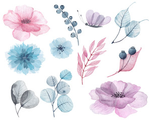 Watercolor floral elements with delicate pink, blue, lilac flowers, petals, branches, leaves, twigs, butterflies, bird for wedding invitations, greeting cards