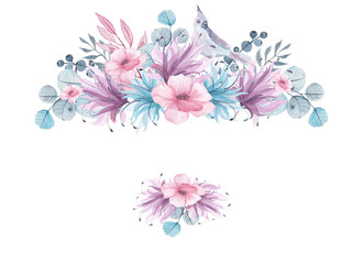 Obraz na płótnie Canvas Watercolor floral frames with delicate pink, blue, lilac flowers, petals, branches, leaves, twigs, butterflies, bird for wedding invitations, greeting cards