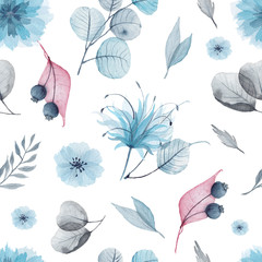 Watercolor floral seamless patterns with delicate pink, blue, lilac flowers, petals, branches, leaves, twigs, butterflies, bird for wedding invitations, greeting cards
