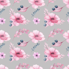 Watercolor floral seamless patterns with delicate pink, blue, lilac flowers, petals, branches, leaves, twigs, butterflies, bird for wedding invitations, greeting cards
