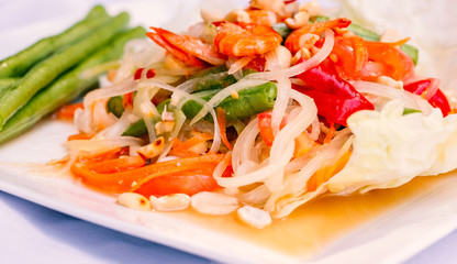 Close up of papaya salad : Thailand famous food called Som Tam