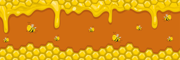Horizontal banner with honeycombs, honey and bees. Bee activity. Vector illustration.