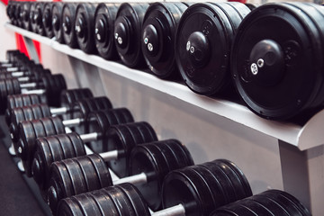 Gym and dumbbell weight training equipment on sport. Healthy life and gym exercise equipments and sports concept. Сopy space