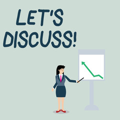 Conceptual hand writing showing Let S Discuss. Concept meaning asking someone to talk about something with demonstrating or showing Woman Holding Stick Pointing to Chart of Arrow on Whiteboard