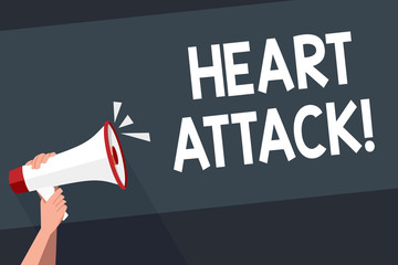 Word writing text Heart Attack. Business photo showcasing sudden occurrence of coronary thrombosis resulting in death Human Hand Holding Tightly a Megaphone with Sound Icon and Blank Text Space