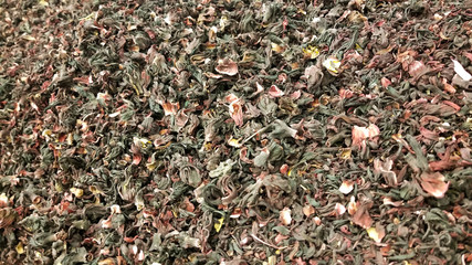 Dried Jamaica flowers and leaves for making hibiscus tea or hibiscus cooler. Calyces for making aguas frescas, typical American refreshment. 