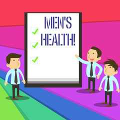 Word writing text Men S Health. Business photo showcasing state of complete physical mental and social well being by analysis