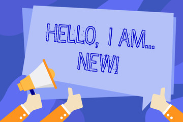 Writing note showing Hello I Am New. Business concept for used greeting or begin telephone conversation Hand Holding Megaphone and Gesturing Thumbs Up Text Balloon