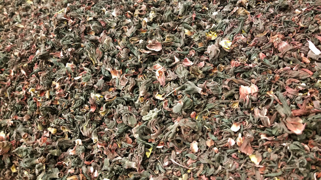 Dried Jamaica flowers and leaves for making hibiscus tea or hibiscus cooler. Calyces for making aguas frescas, typical American refreshment. 