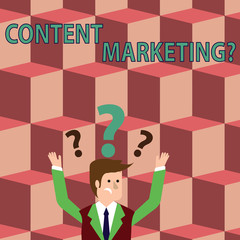 Writing note showing Content Marketing Question. Business concept for involves creation and sharing of online material Businessman Raising Both Arms with Question Marks Above Head