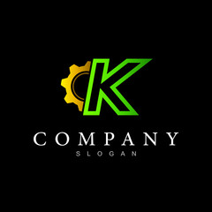 logo letter k, initial company logo letter k + workshop logo with initials k, gear icon