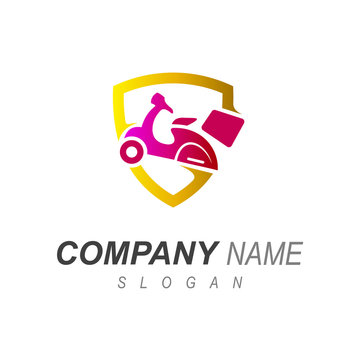 logo of goods delivery service with guaranteed security + logo shield and scooter, delivery express icon