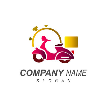 logo shipping service using a motorcycle, delivery express logo + delivery icon, scooter icon + on time delivery