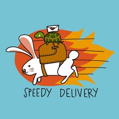 Speedy Delivery rabbit and turtle postman fast running cartoon vector illustration
