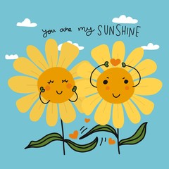 Fototapeta na wymiar You are my sunshine couple sunflowers cartoon vector illustration doodle style