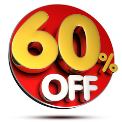 60 percent off 3D rendering on white background.(with Clipping Path).