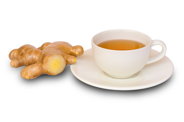 Close up og hot ginger tea with ginger root isolated on white background with clipping path.