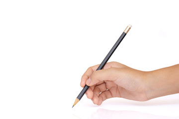 Closeup woman hand writing by pencil isolated on white background with clipping path.