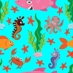 Obraz premium bright seamless pattern of colored figures of marine life: large pink shark, fish, crab, octopus, seahorse, green algae