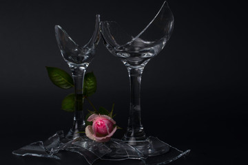 Two Broken Champagne Glasses with a pink rose