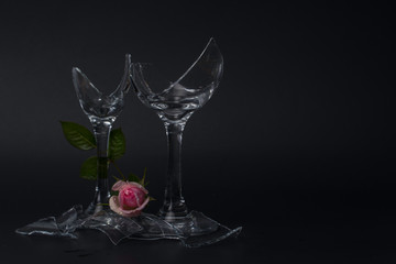 Two Broken Champagne Glasses with a pink rose
