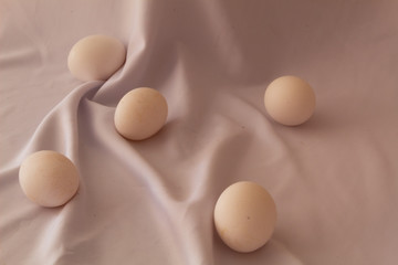 A group of white chicken eggs on a white fabric background