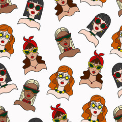 Fototapeta premium Seamless pattern with girls in sunglasses. Vector.