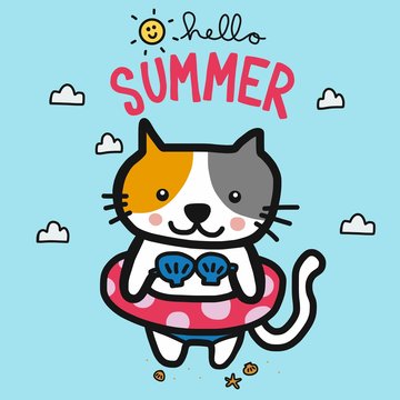 Hello summer cat wear bikini cartoon vector illustration